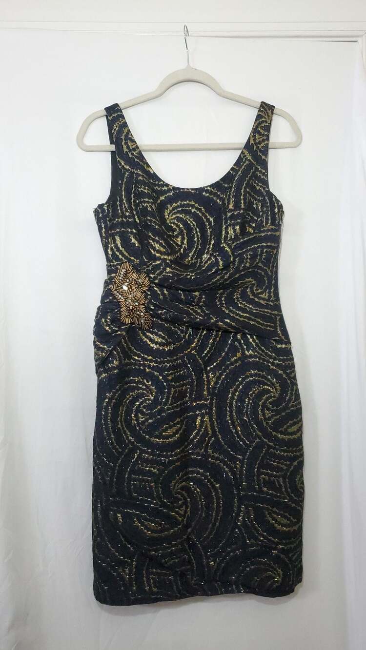 Kay Unger New York Metallic Gold Navy Swirl Brocade Cocktail Dress Size 8